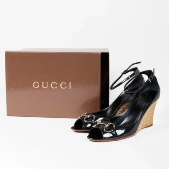 Gucci Horsebit Black Patent Leather Espadrille Wedges - Picture 12 of 12